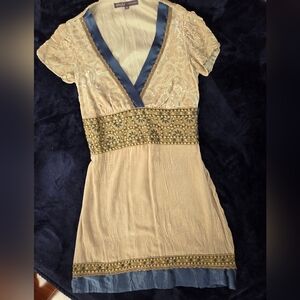 HALE BOB Blue and Cream Embellished Cap Sleeve Dress, SIZE XS